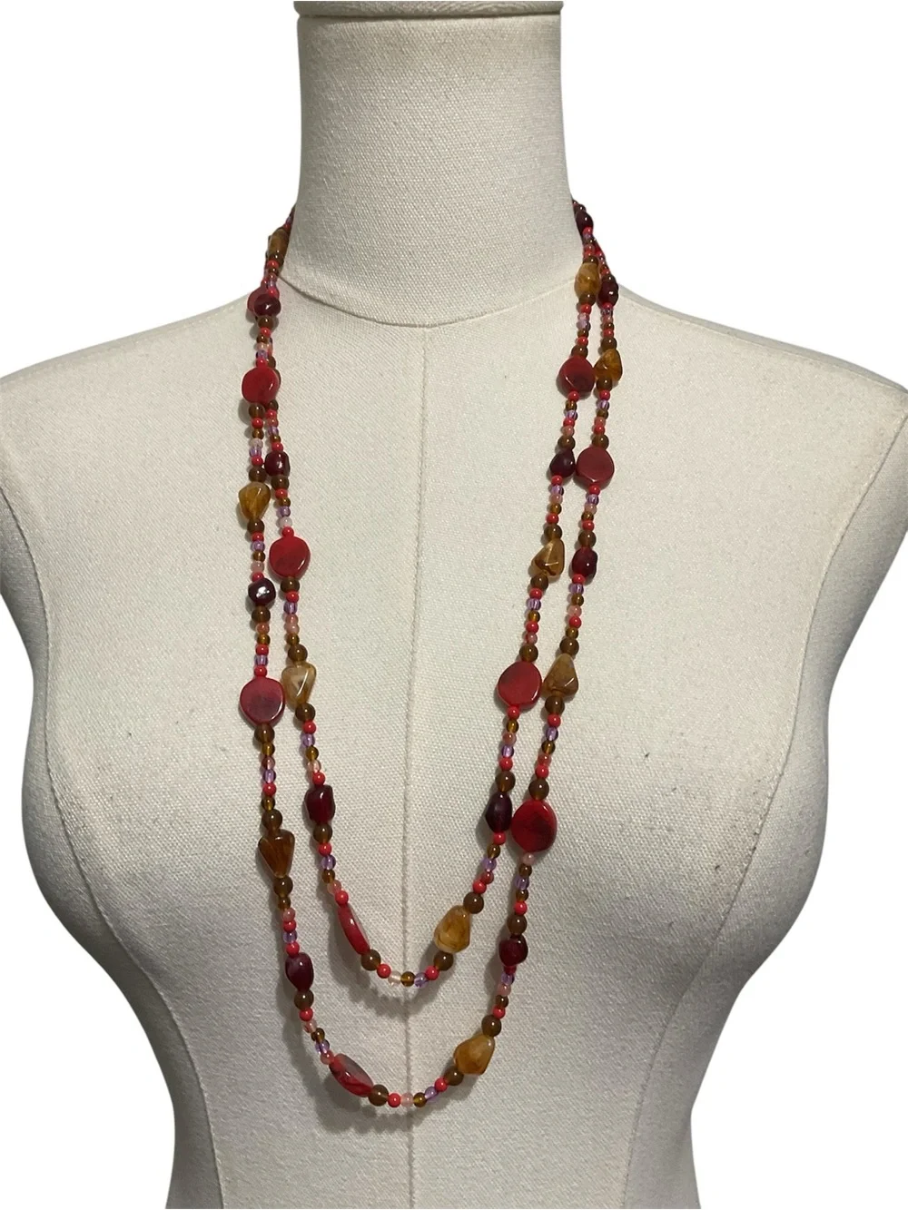Long Beaded Necklace in Coral, Amber & Garnet Tones